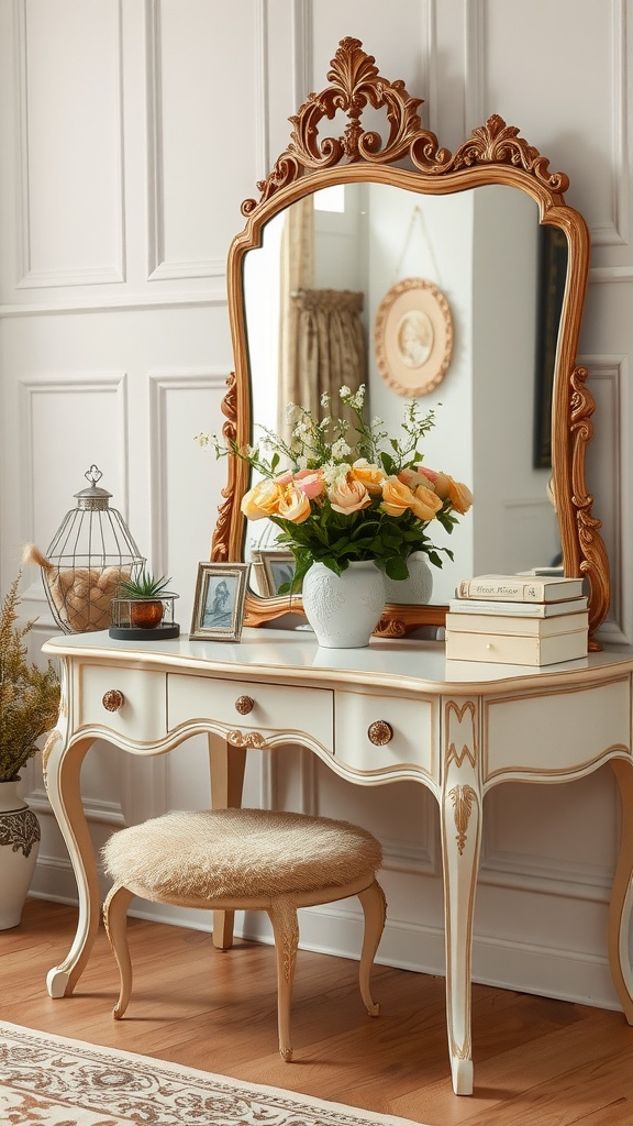 Elegant vintage dressing table with a floral arrangement and ornate mirror