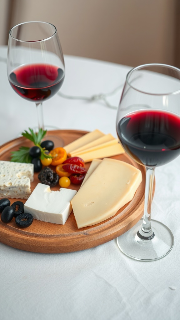 Elegant cheese platter with wine glasses