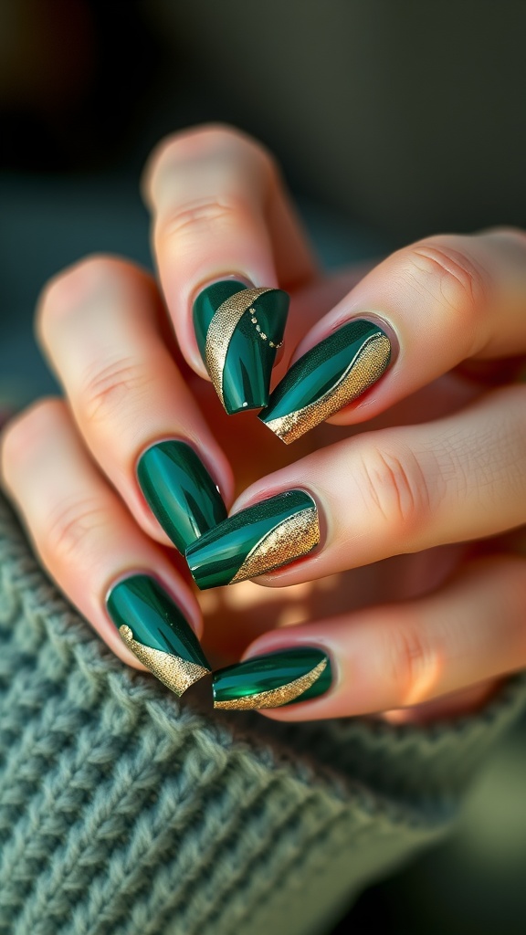 Emerald and gold ombre nail design with elegant patterns