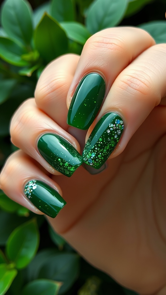 Close-up of emerald green nails with glitter accents