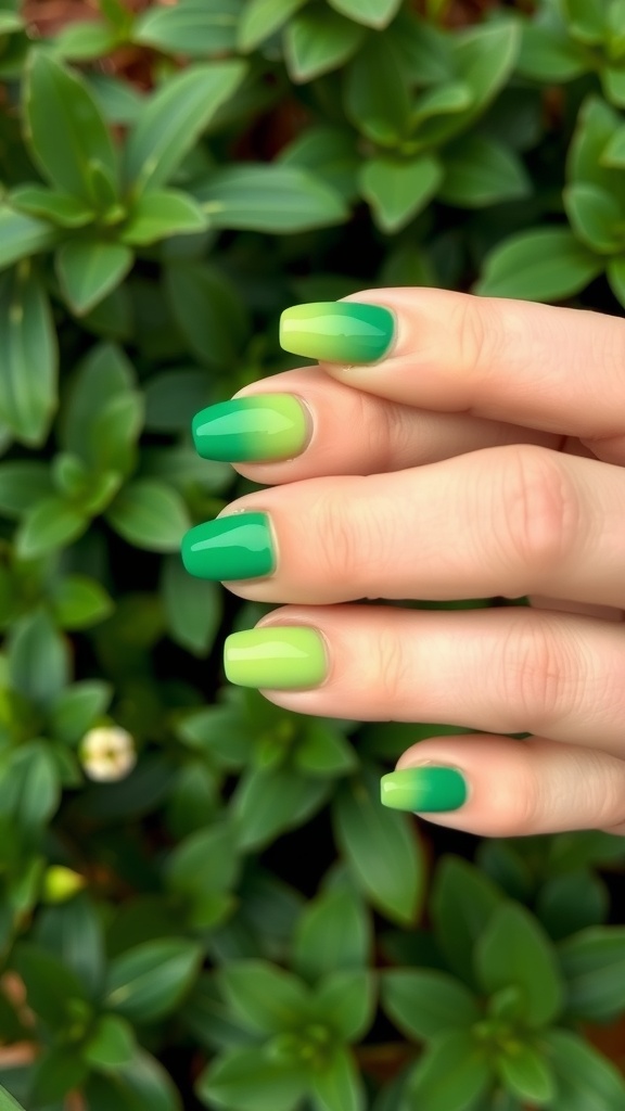 Nails featuring an emerald green to light green ombre design.