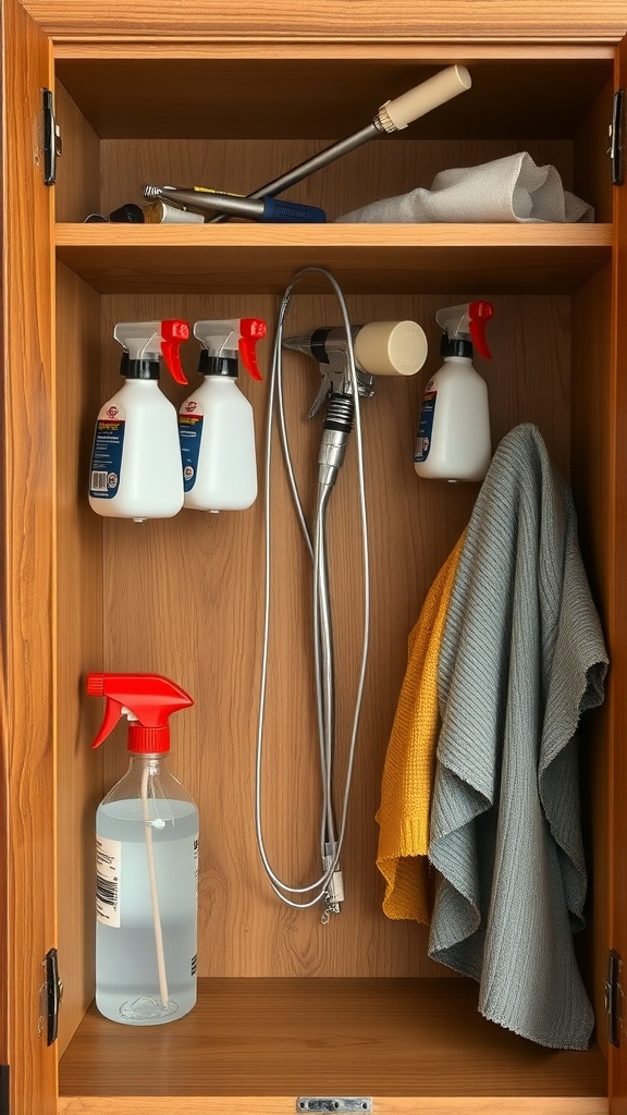 A neatly organized cabinet showing cleaning supplies and tools, utilizing tension rods for space-saving storage.