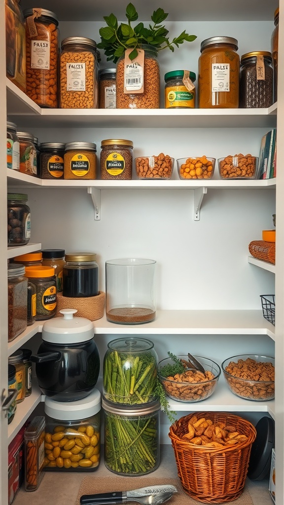 A well-organized pantry showcasing healthy Mediterranean ingredients.