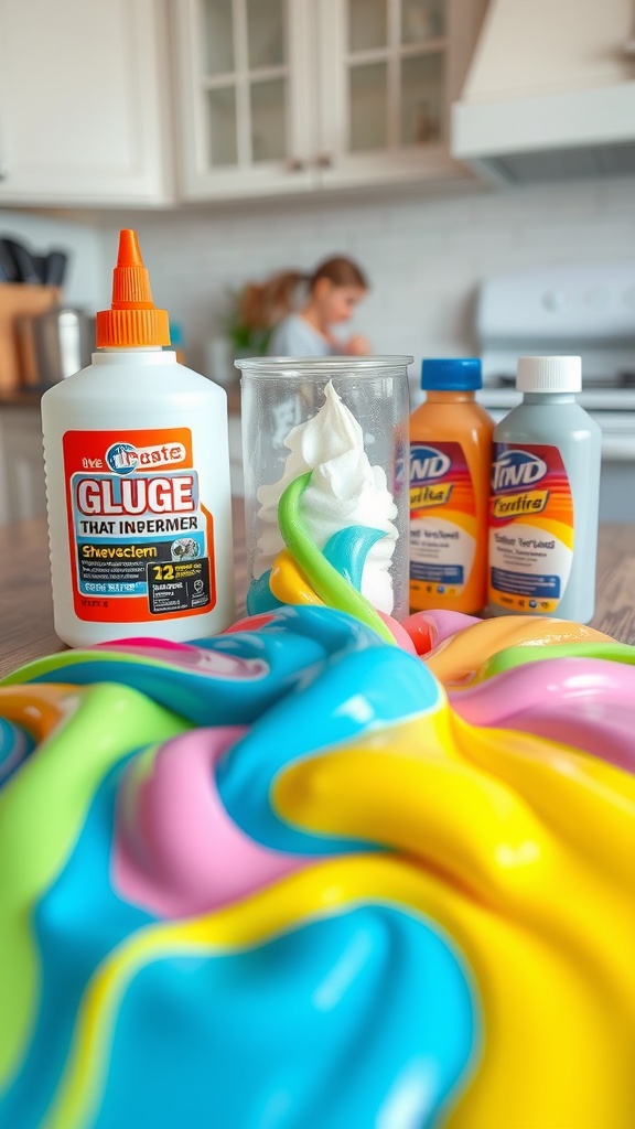 A colorful fluffy slime with essential ingredients like glue and shaving cream.