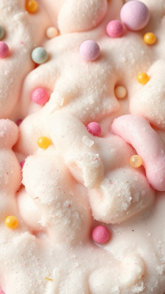 A close-up of fluffy slime with colorful toppings.