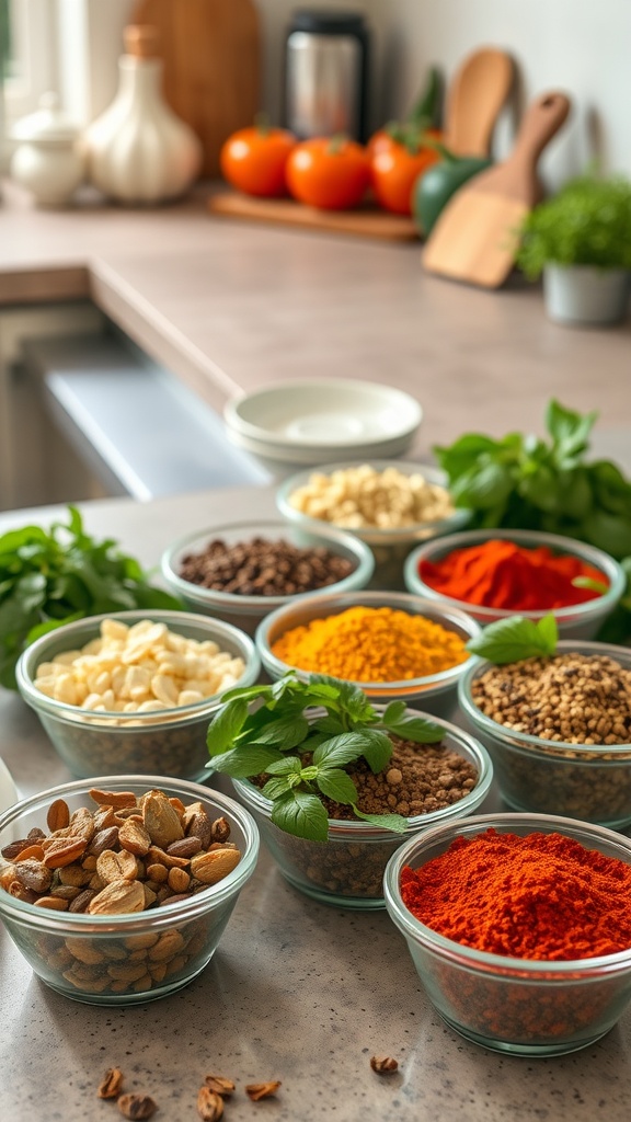 A variety of Mediterranean herbs and spices arranged in bowls on a kitchen counter.