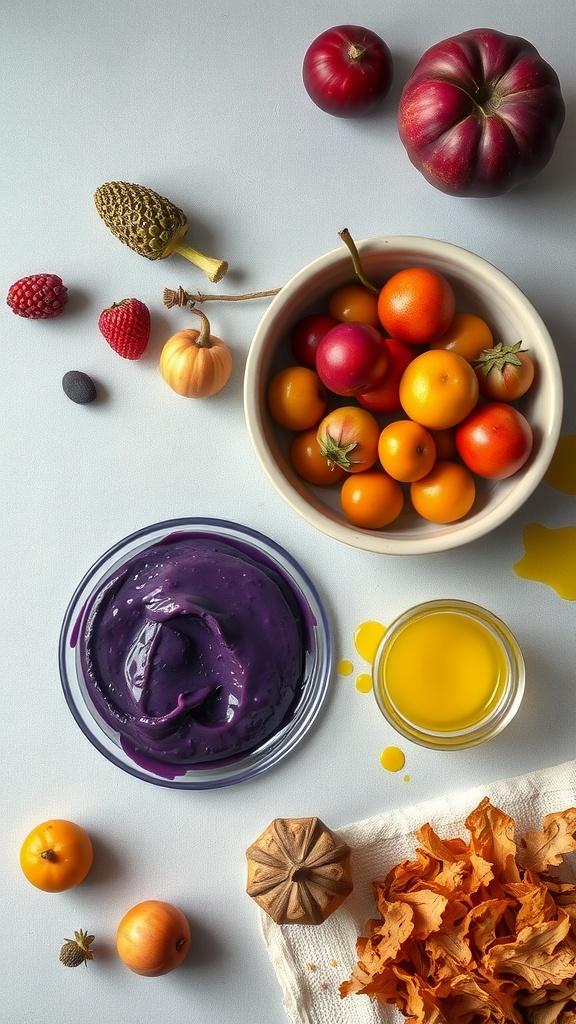 A colorful display of natural ingredients for making playdough, including fruits and spices.