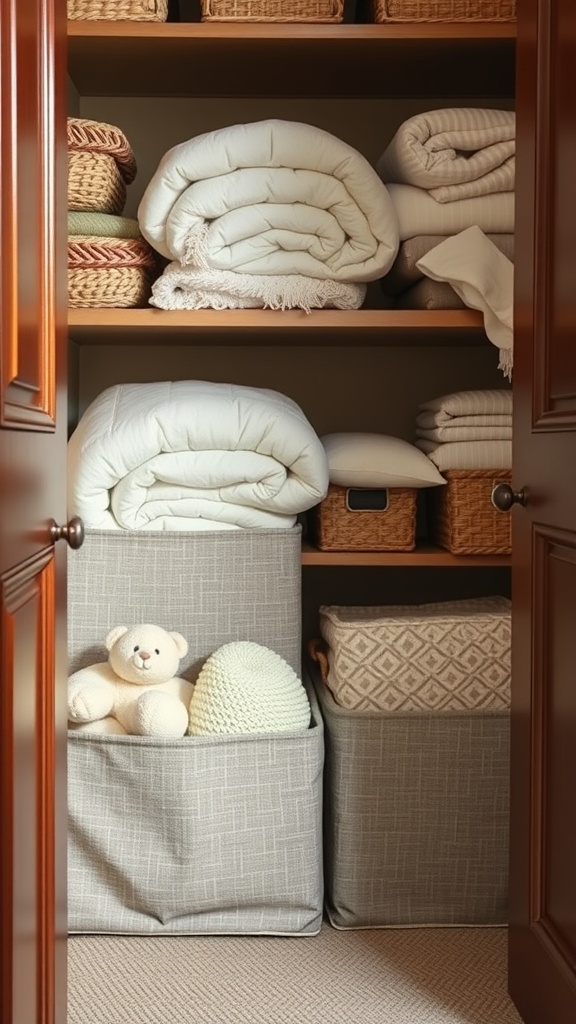 A neatly organized closet featuring fabric storage boxes filled with soft goods like blankets and pillows.