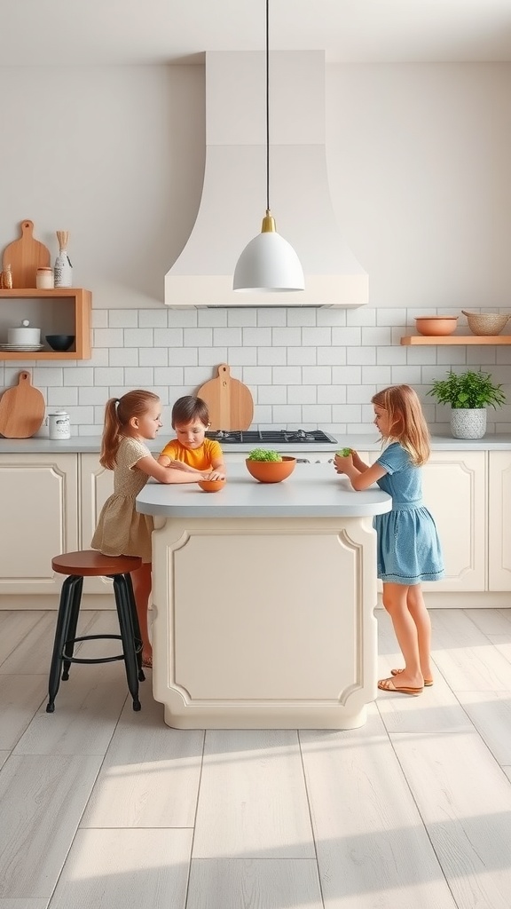 Three children interacting at a kitchen island