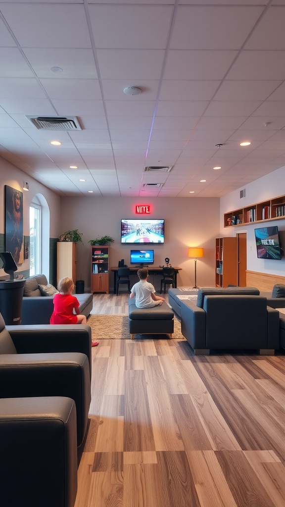 A cozy living room setting with children watching TV, featuring comfortable seating and a warm atmosphere.