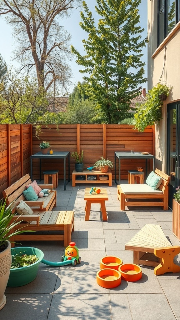 A cozy outdoor patio with wooden seating, playful toys, and greenery, perfect for family activities.