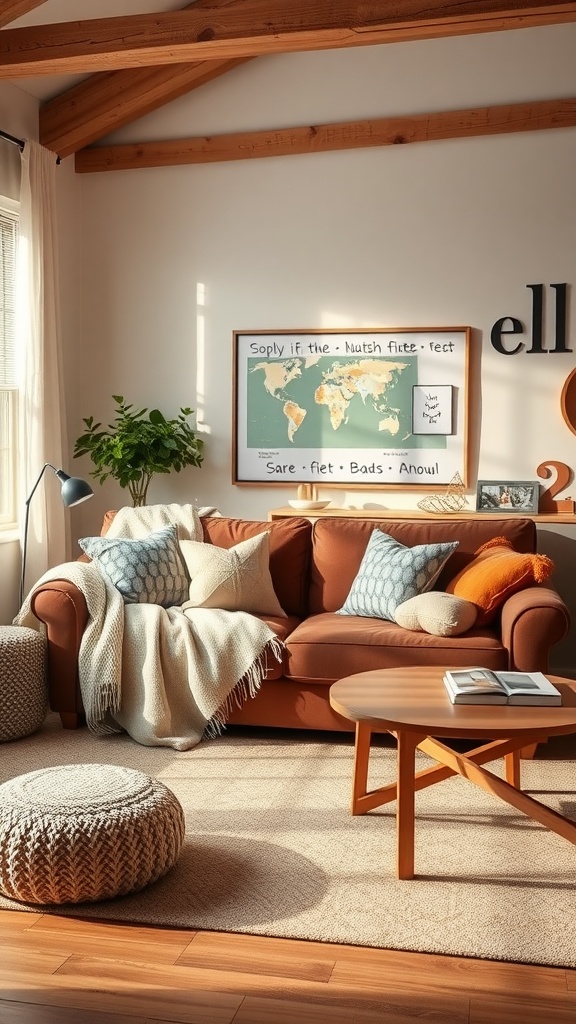 A cozy living room featuring a brown couch adorned with colorful throws and pillows.