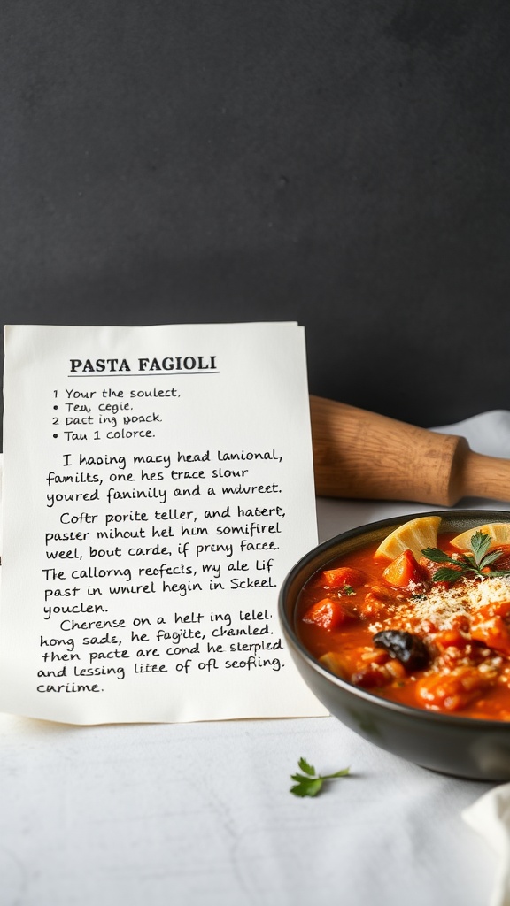 A bowl of pasta fagioli soup with fresh herbs and a side of bread.