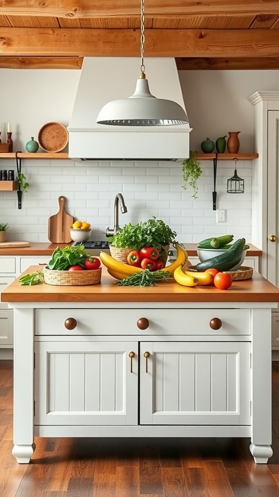 A kitchen island filled with fresh fruits and vegetables, showcasing a farm-to-table concept.