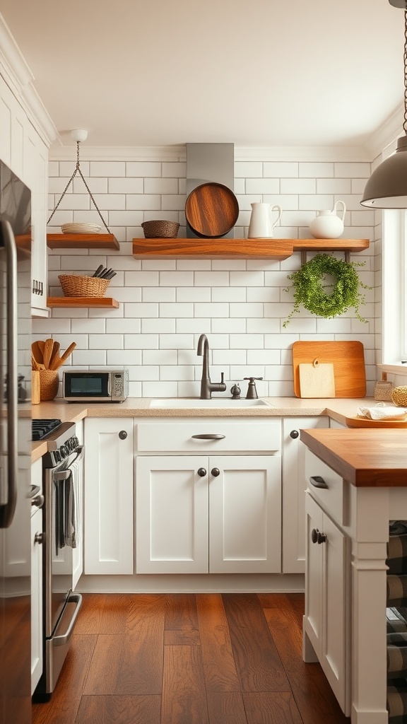 A cozy kitchen featuring a farmhouse shiplap backsplash, white cabinets, and wooden shelves.