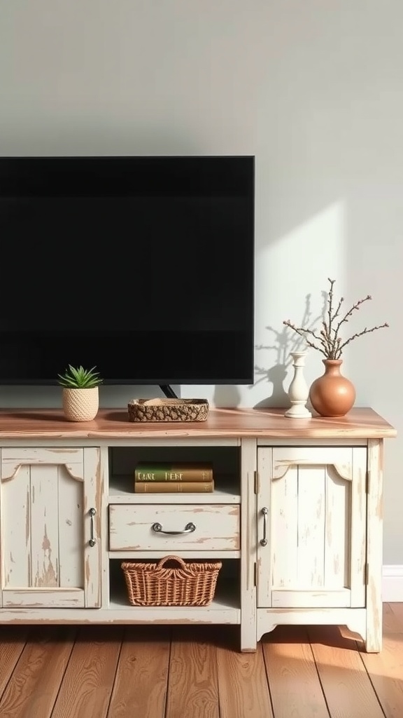 A farmhouse style TV console with rustic features, storage drawers, and decorative accents.