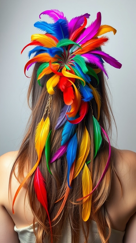 A vibrant hairstyle adorned with colorful feathers, showcasing a blend of rainbow hues.