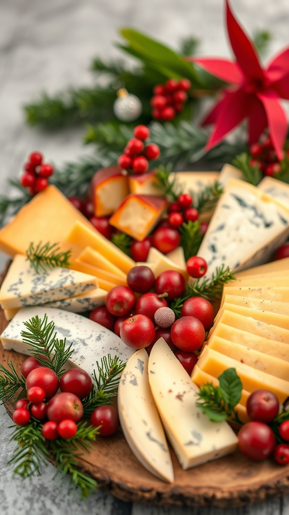 A beautifully arranged festive holiday cheese platter with various cheeses, fresh fruits, and decorative greens.