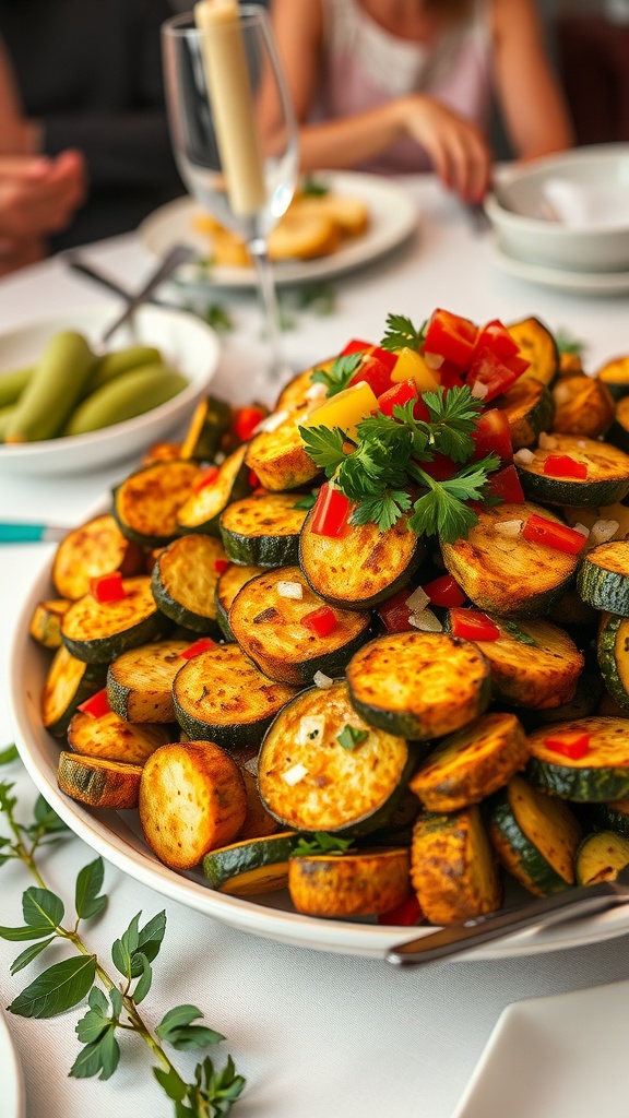 A delicious platter of fried zucchini slices topped with fresh herbs and diced vegetables, perfect for parties.