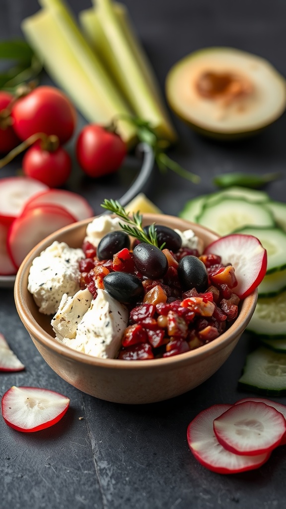 A bowl of feta and olive tapenade garnished with olives and surrounded by fresh vegetables.