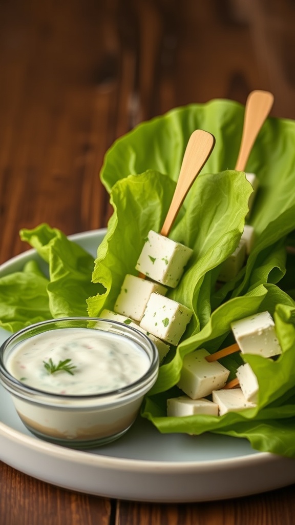 Feta cheese sticks wrapped in lettuce with a side of dipping sauce.