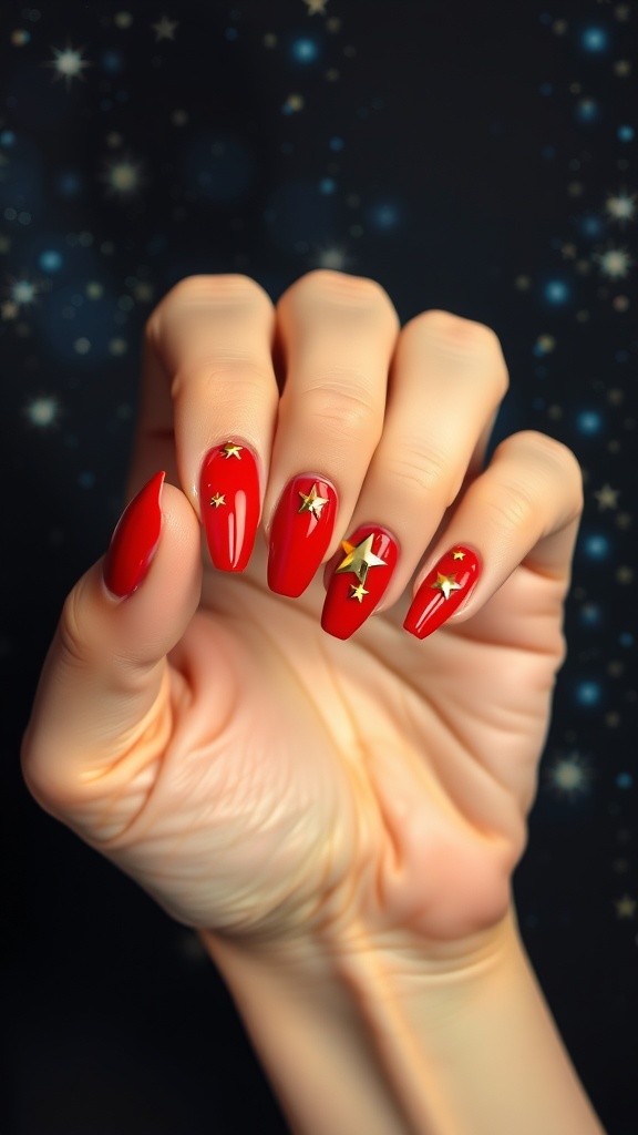 A hand displaying fiery red nails adorned with gold star accents against a starry background.
