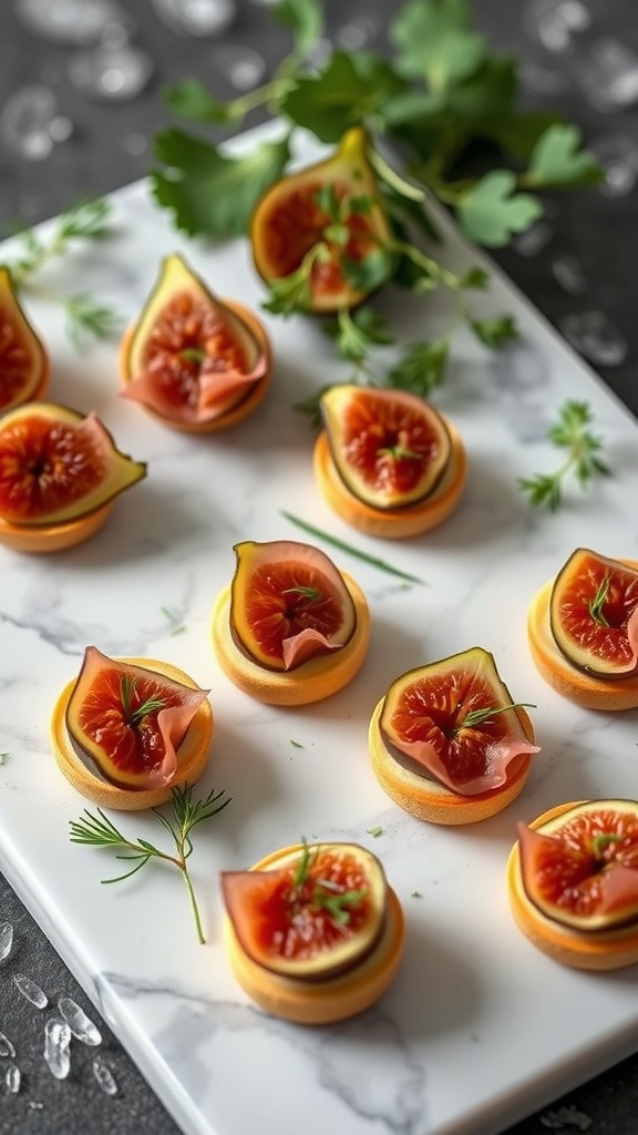 A platter of elegant fig and prosciutto canapés garnished with herbs.