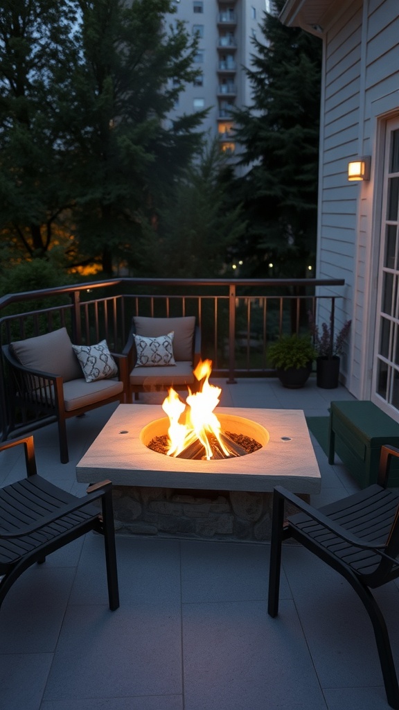 A cozy balcony featuring a fire pit surrounded by chairs and greenery.