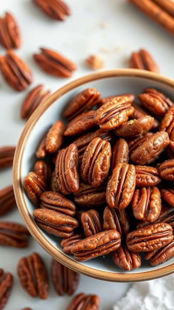 A bowl of keto candied pecans with a few scattered around on a surface