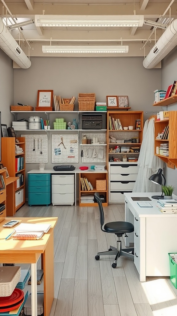 A well-organized craft room with flexible storage solutions and a workspace.