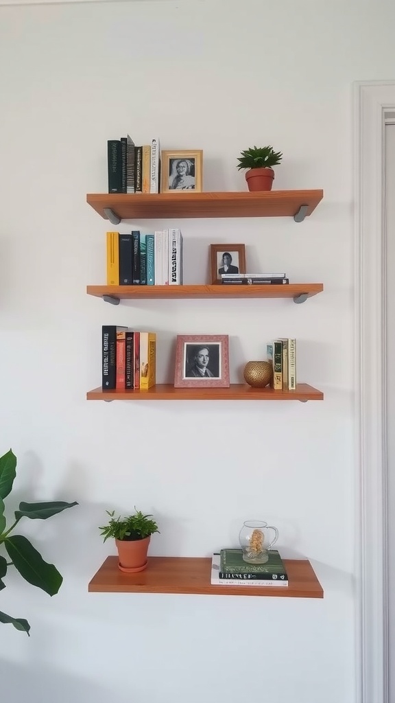 A set of floating corner shelves displaying books, plants, and framed photos.