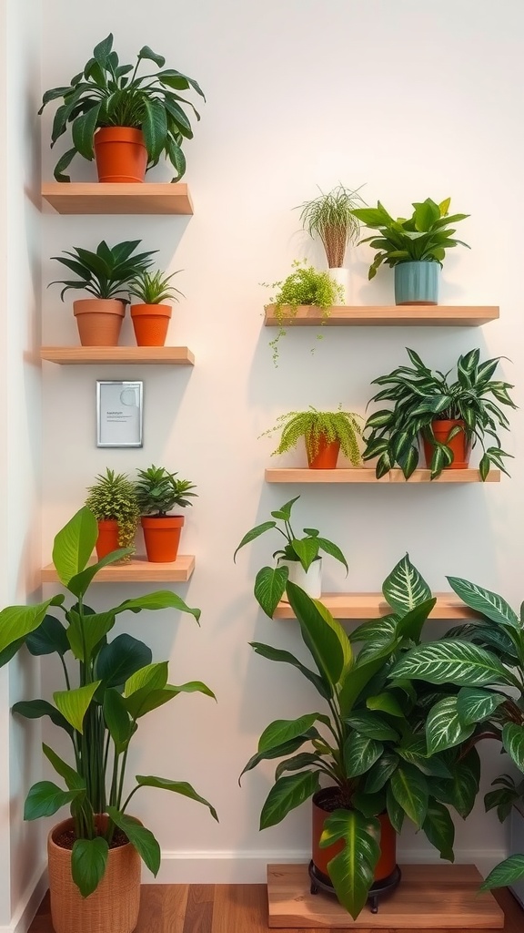 A display of floating corner shelves with various potted plants.