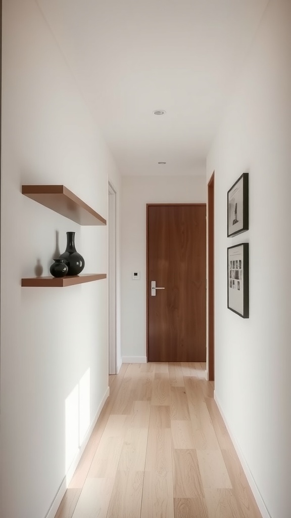 A narrow hallway featuring a wooden door, light-colored walls, and a floating shelf displaying dark vases.