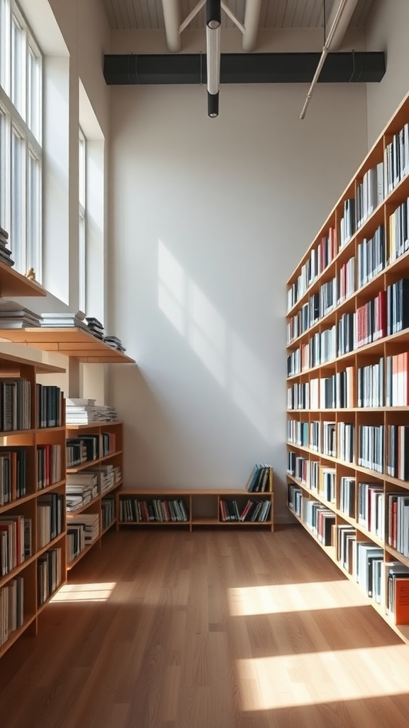 A bright library room featuring wooden floating shelves filled with books, large windows letting in natural light, and a warm wooden floor.