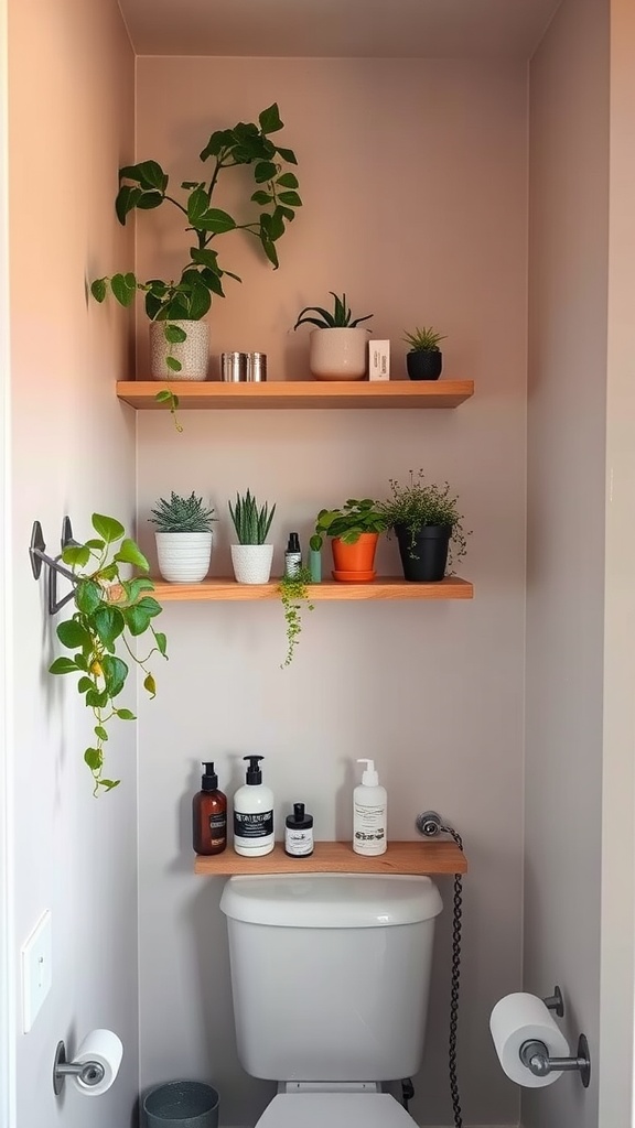 A small bathroom with floating shelves holding various plants and bath products.