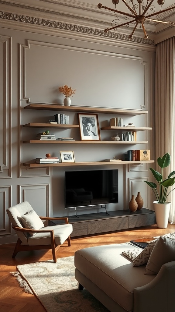 A living room featuring floating shelves with decorative moulding on the wall.