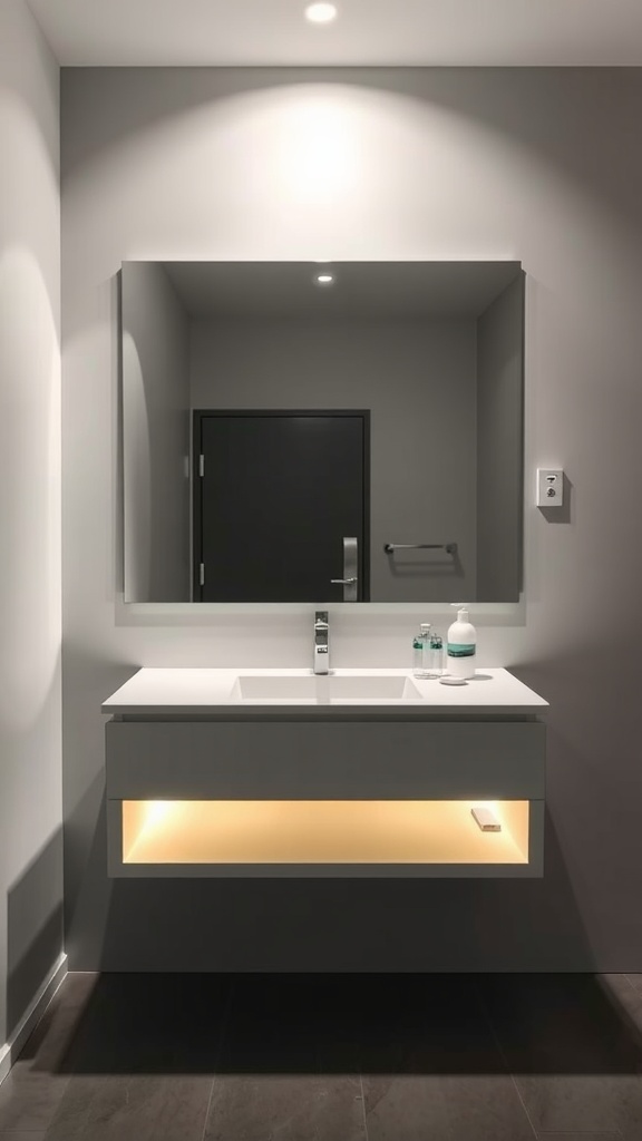 A modern floating vanity with integrated lighting and a mirror