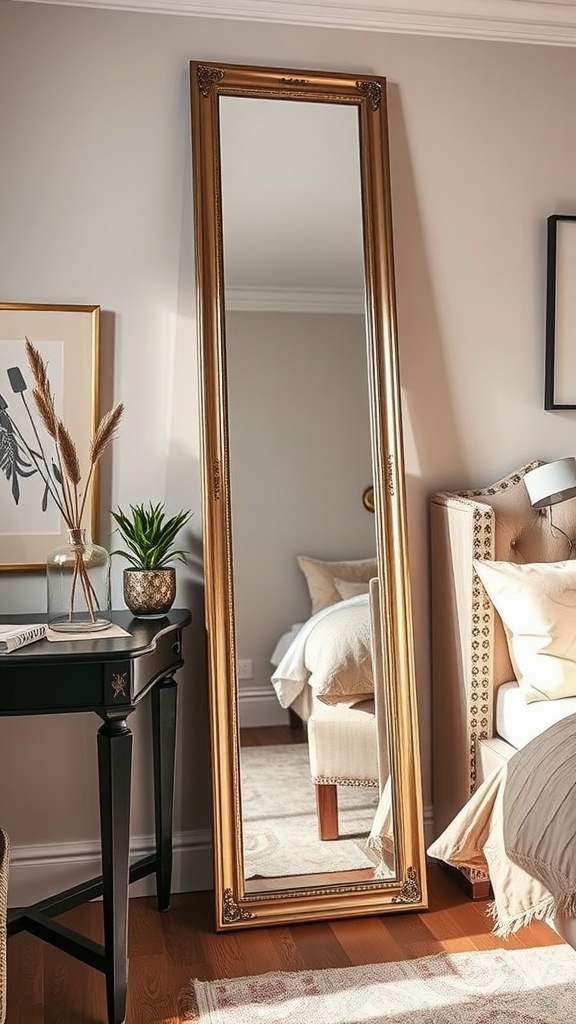 A tall, ornate floor mirror standing in a softly lit room beside a cozy bed and a small table.