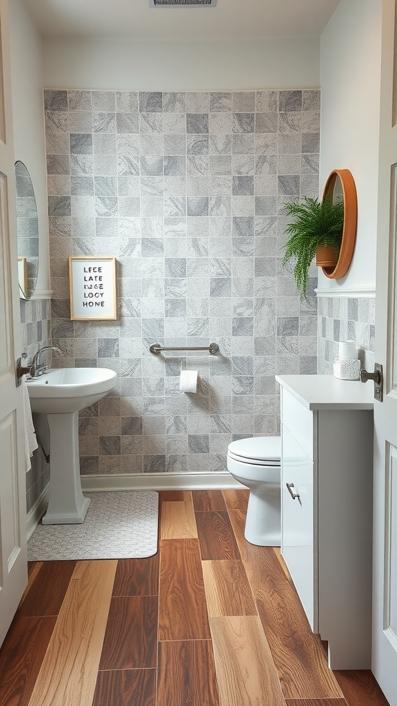 A modern half bathroom featuring a mix of wood and tile flooring.