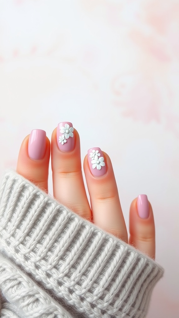 Close-up of pink nails with white floral accents on a soft background