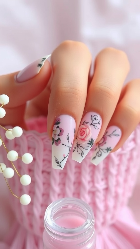 A close-up of beautifully designed acrylic coffin nails featuring floral accents in soft pastel colors.