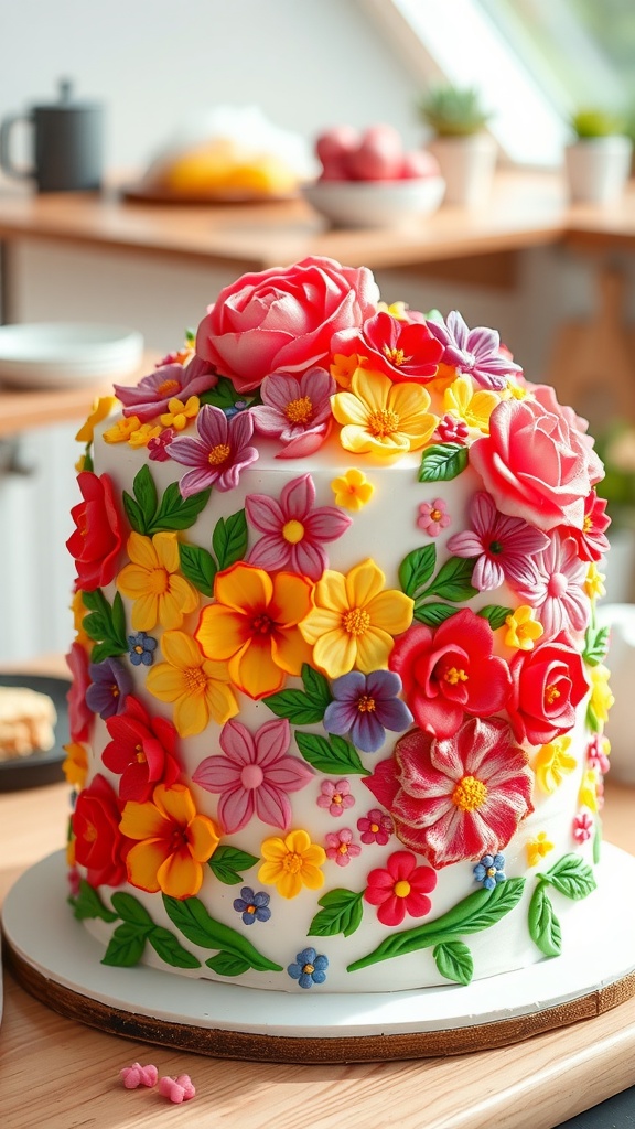 A vibrant floral buttercream cake decorated with various colorful flowers