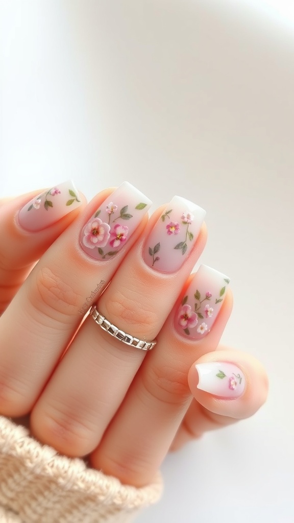 Square nails with floral designs in soft colors