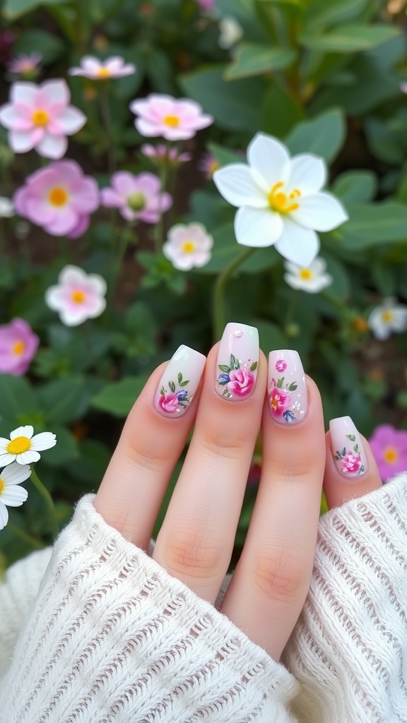 Nail design featuring floral patterns and glitter accents