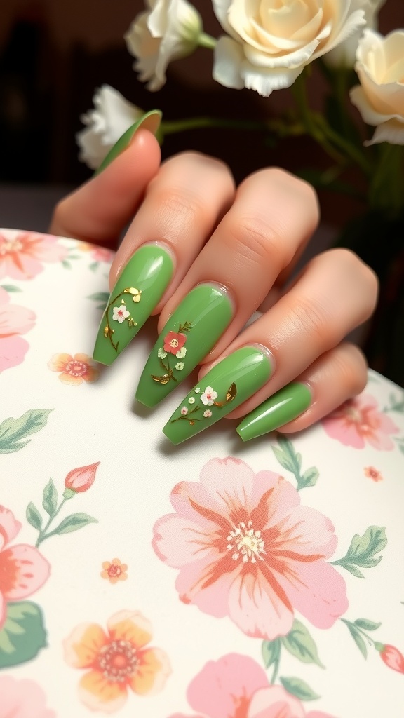 Green nails with floral designs and gold foil accents