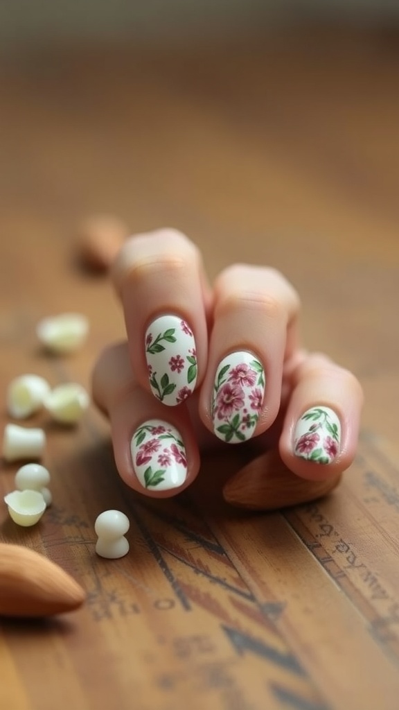 Close-up of elegant short almond nails with floral designs