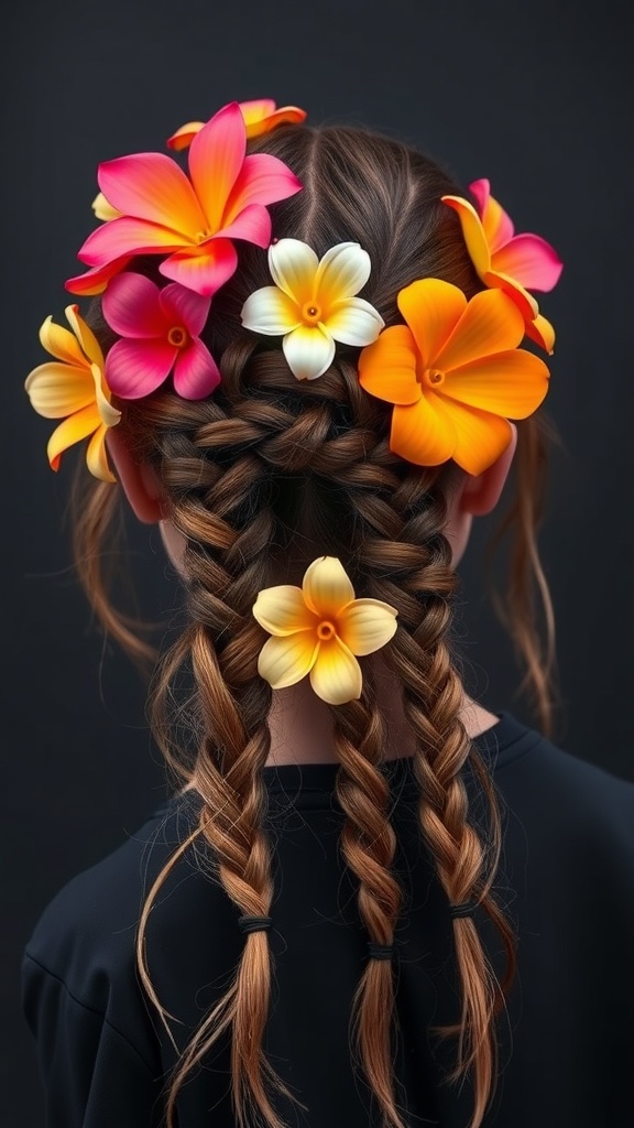 A hairstyle featuring braided hair adorned with colorful flowers.