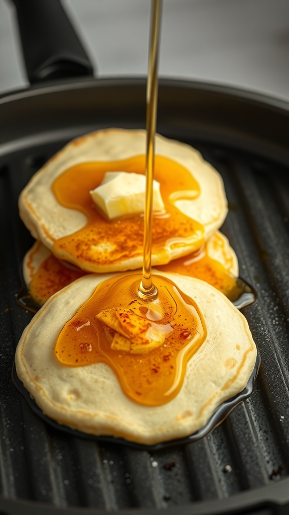 Fluffy pancakes topped with butter and syrup on a griddle.