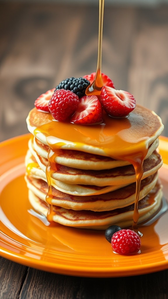 Delicious fluffy pancakes topped with maple syrup and fresh berries