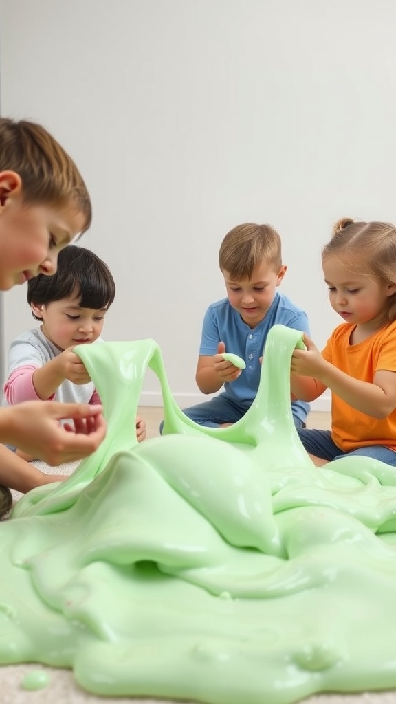A group of children playing with green fluffy slime.
